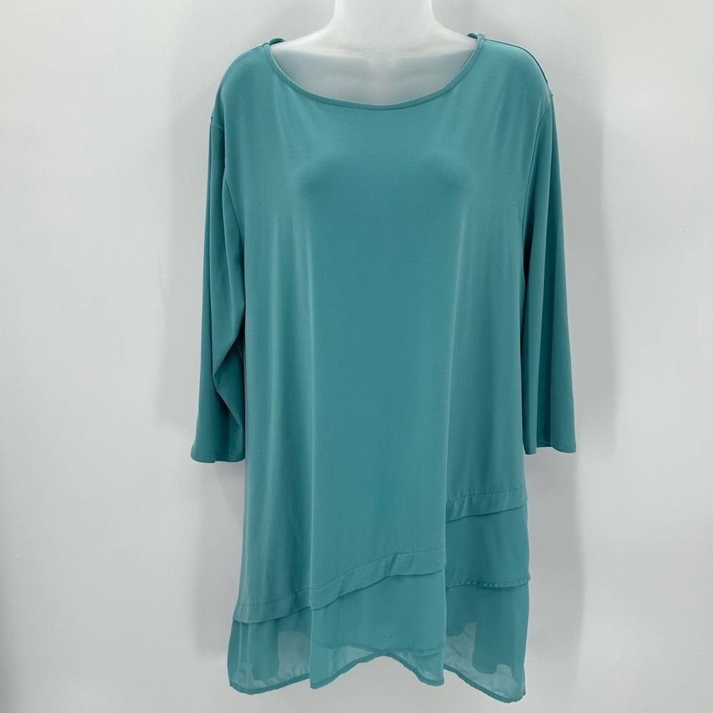 3/$15 Zenana Tunic Top Women 2X 3/4 Slv Layered Asymmetrical Hem Blue Flowy READ